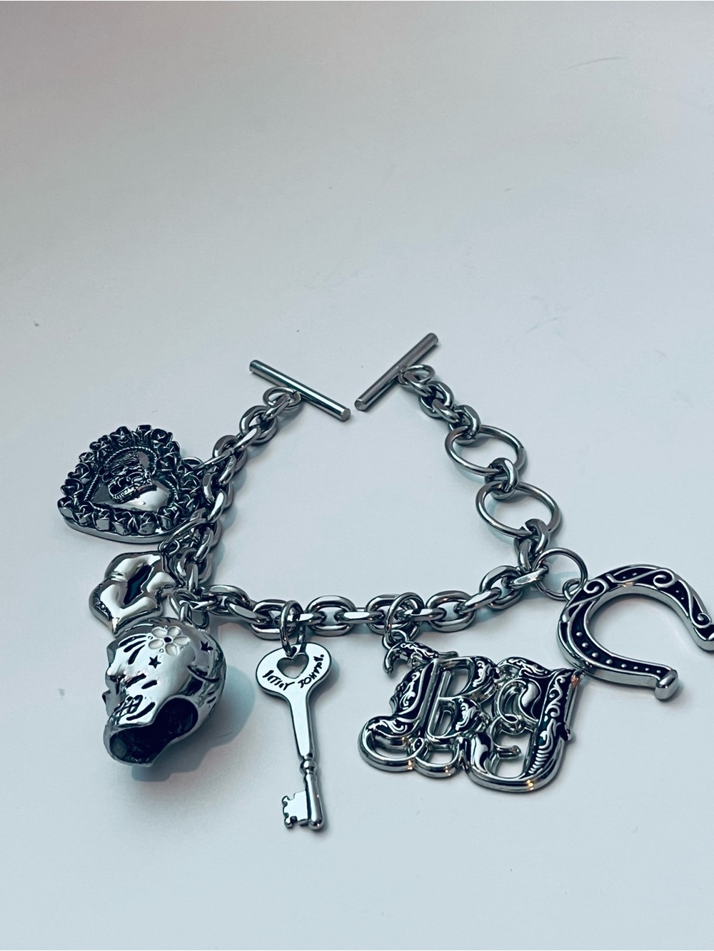 Betsey Johnson Silver-Tone Charm Bracelet with Key, Heart, Skull & Horseshoe